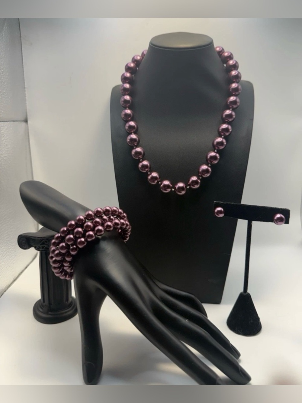 Vintage Burgundy Plum Simulated Pearl Jewelry Set 3pc Necklace Bracelet Earrings